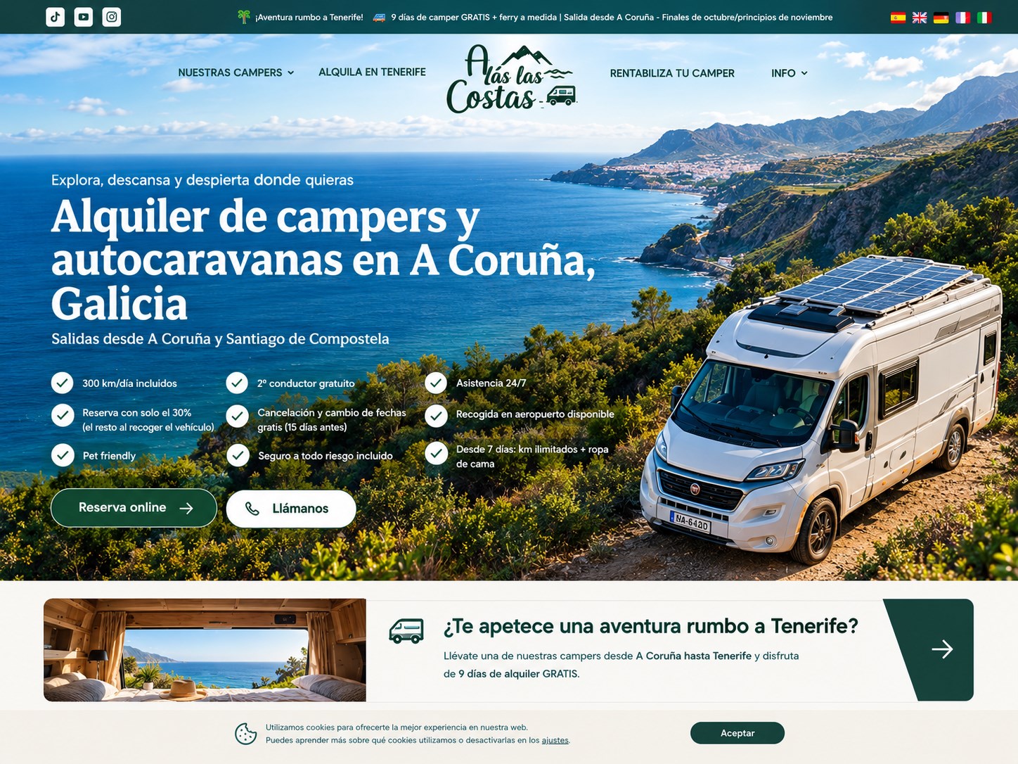 AJJ Vans Canarias campervan rental website with a coastal campervan scene
