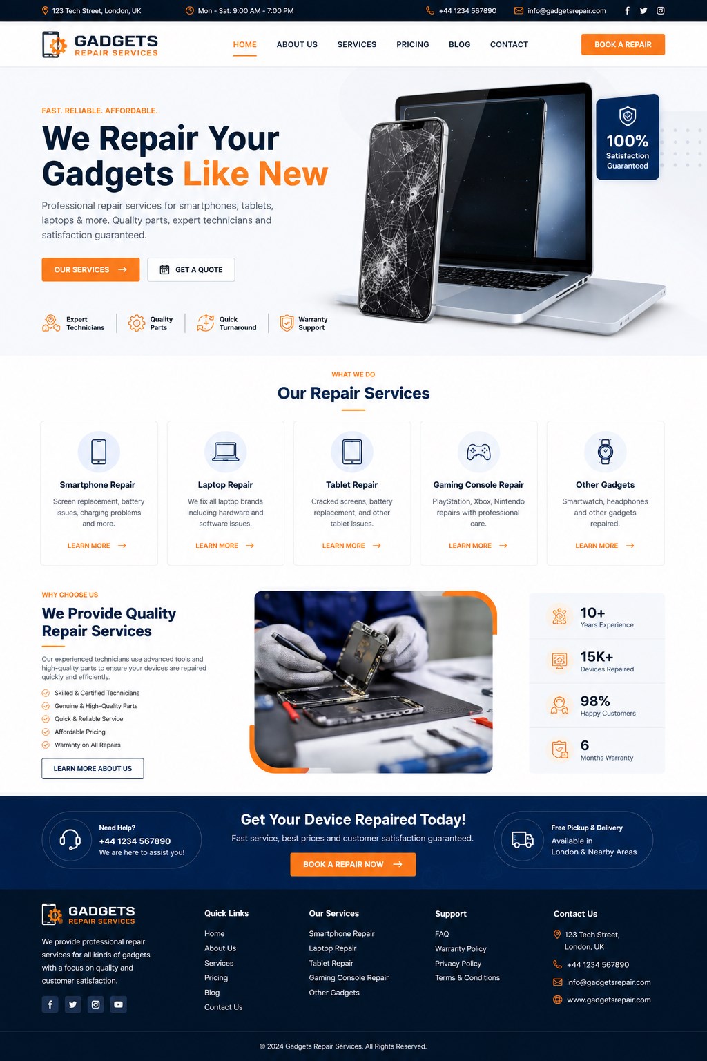 Gadgets Repair Services website for phone, tablet, and laptop repairs