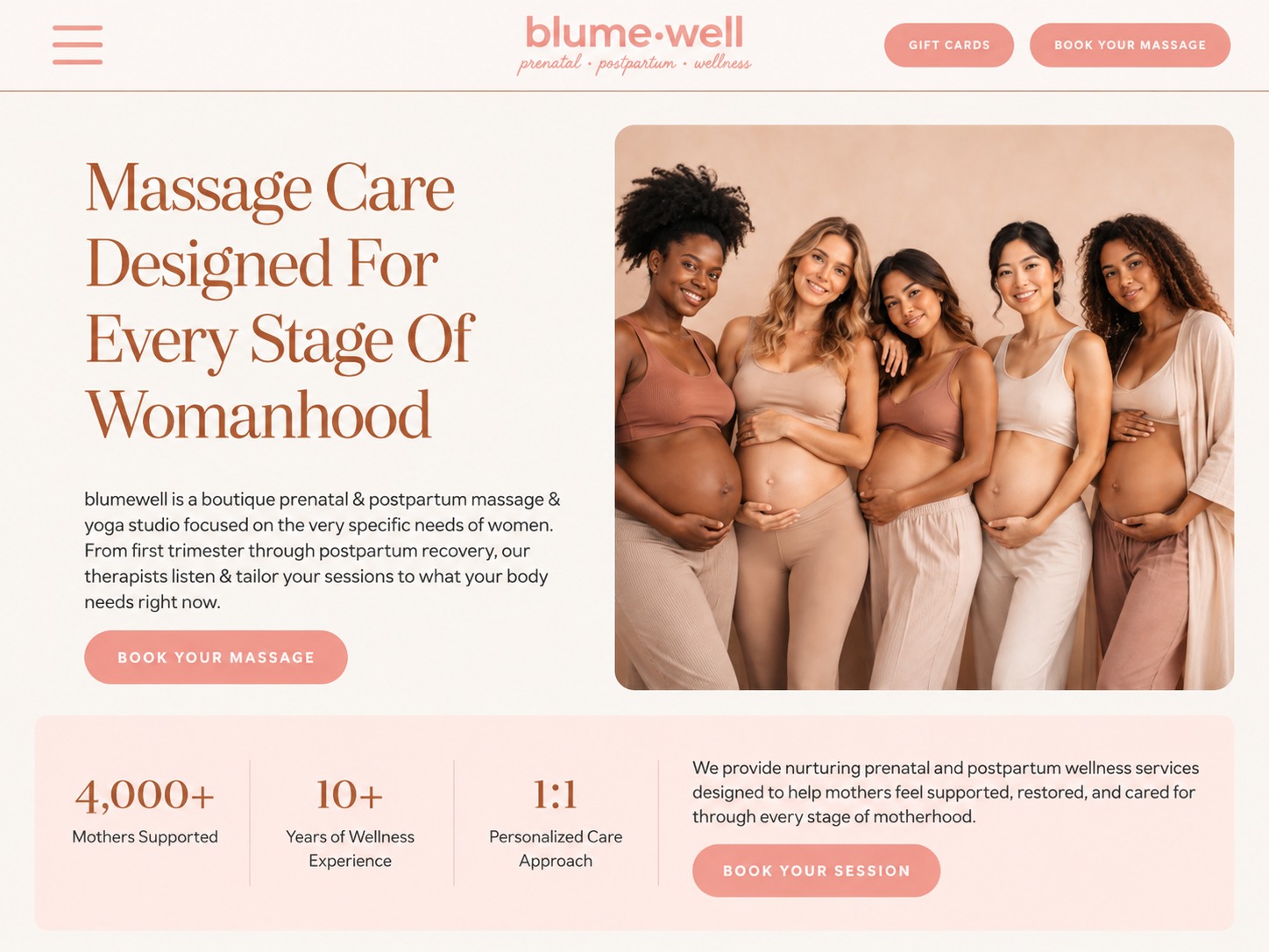 Blume Well prenatal and postpartum massage wellness website